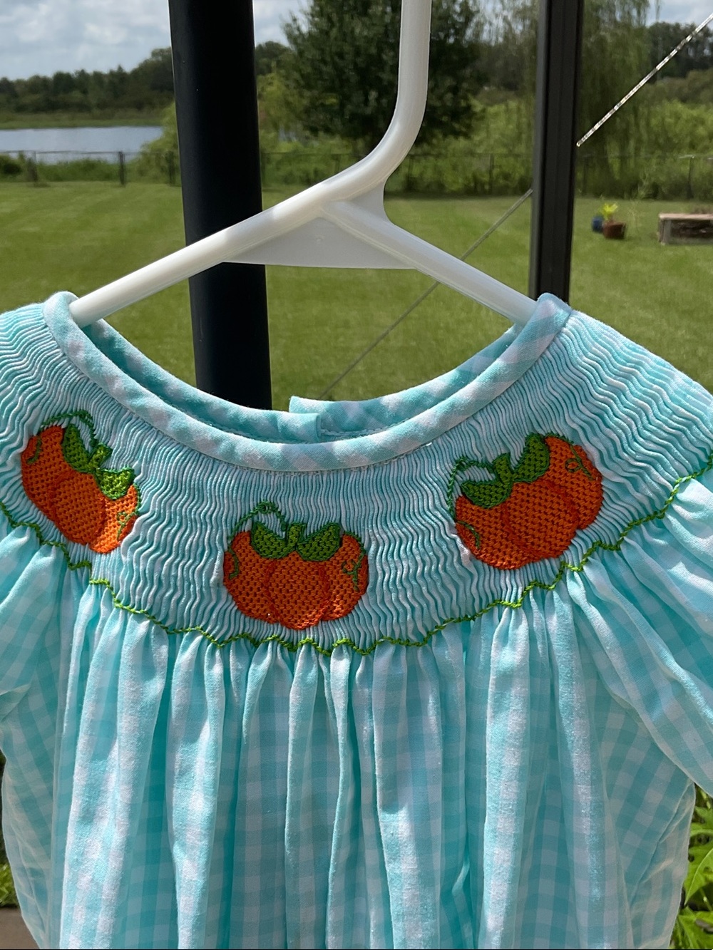 Girls' Aqua Gingham Smocked Pumpkin Dress